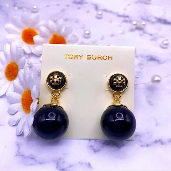 NWOT Tory Burch Gold Logo, Black Enamel Ball Dangle Stud Earings - Picture 1 of 9